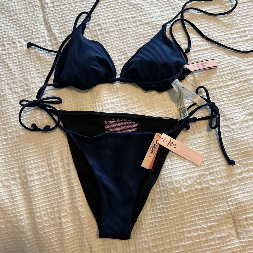 victoria secret navy bikini set BRAND NEW small bottom medium top